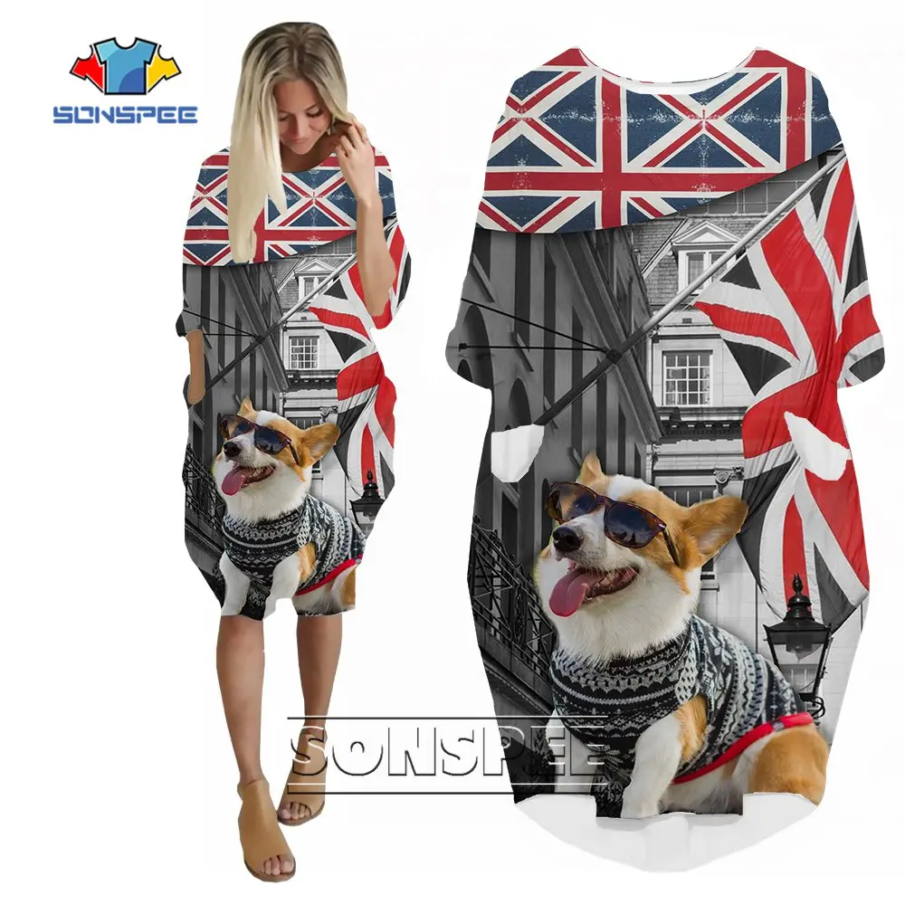 

SONSPEE 2022 Fashion British Flag 3D Print Skirt England Color-blocking Women's Dress Lady Girl Street Casual Corgi Graphic Gown