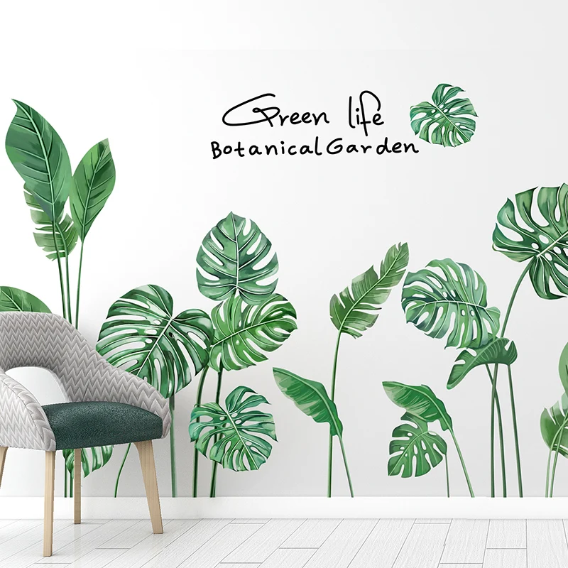 Green Plant Tree Leaves Wall Stickers DIY Tropical Grass Wall Decals for Living Room Bedroom Kitchen Nursery Home Decoration