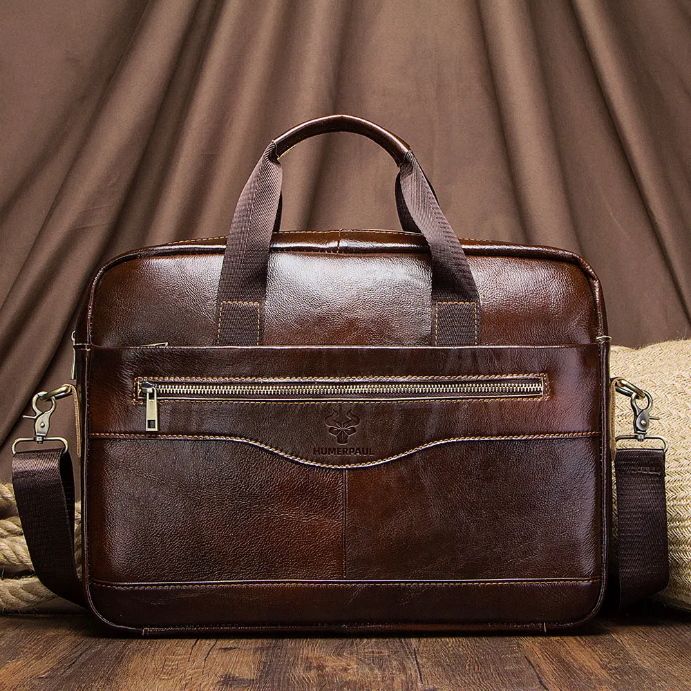 Leather Briefcase BULLCAPTAIN Briefcase Shoulder Messenger Bags Men's Genuine Leather 14-inch Laptop Bag's Men's Briefcase Office Business Handbag