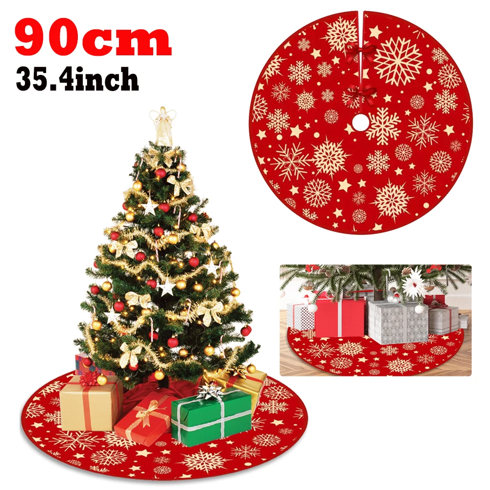 

90cm Christmas Tree Skirts Snowflake Pattern Xmas Tree Bottom Decor Mat Christmas Tree Decoration Indoor Outdoor Decor