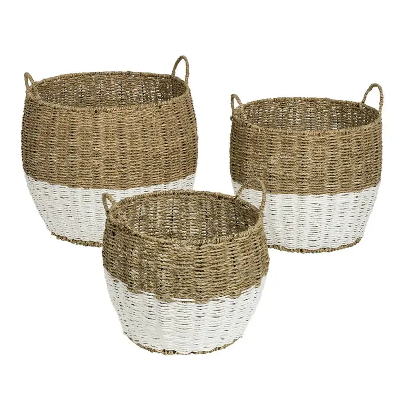 

Can Do Set of 3 Round Nesting Seagrass 2-Color Storage Baskets with Handles, Natural & White Woven basket Foldable storage box R