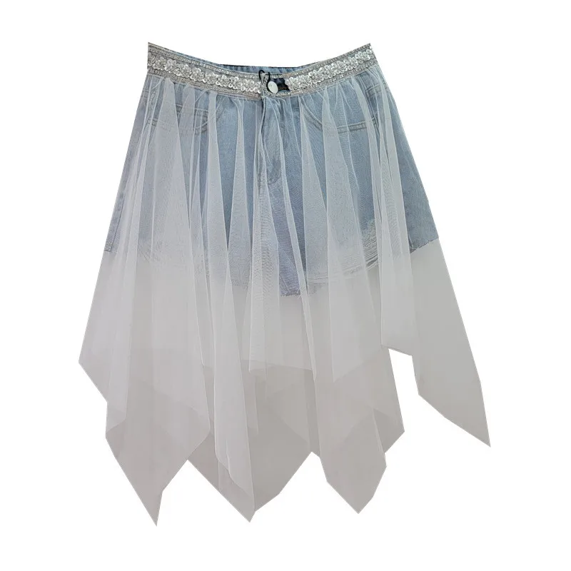 Heavy Industry Beads Irregular Mesh Stitching Jeans Shorts Women's 2024 Summer New Very Fairy Wide-Leg Hot Pants Denim Shorts