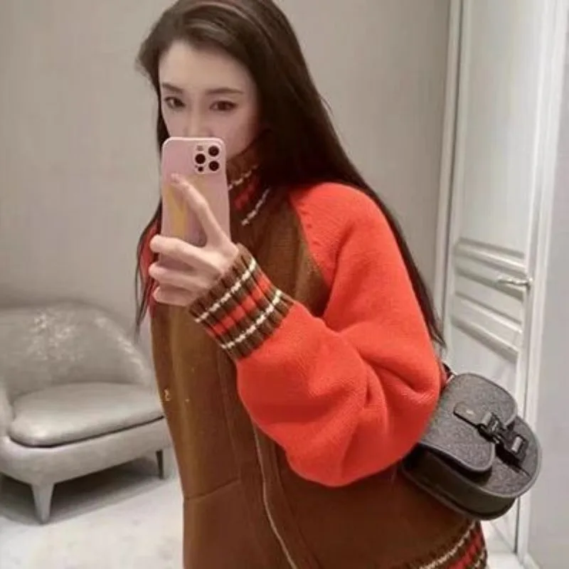 

Женский трикотажный свитер-водолазка, Свободный кардиган контрастных цветов на двойной молнии, Осень-зима, Y2k