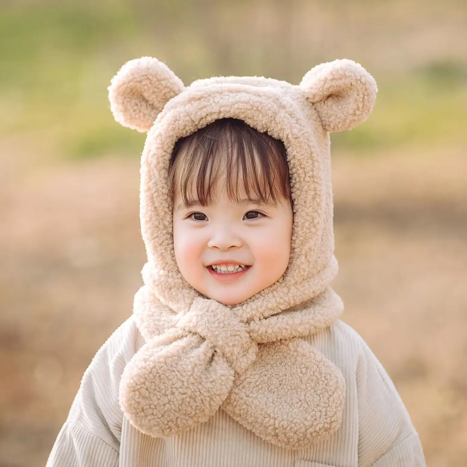Winter children's hats scarves integrated men and girls thickened warm baby cute baby Two piece set windproof ear protection cap