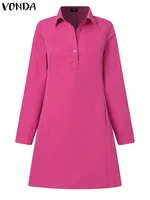 VONDA Women Dress Summer Elegant Long Sleeve Solid Color Shirt Sundress Party Casual Loose Buttons Pockets Short Mini Vestidos - Image 5