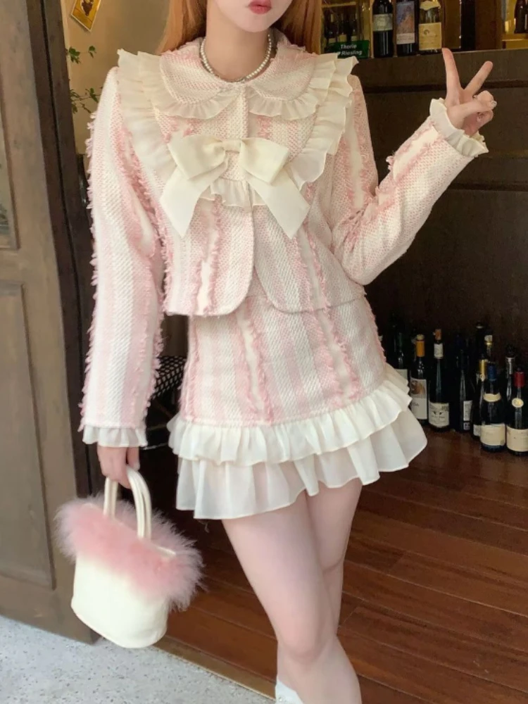 2023 Giapponese Kawaii 2 Pezzi Gonna Set Donna Anche Partito Casual Y2K Crop Top Cappotti + Minigonna A Righe Outwear Blazer Abiti