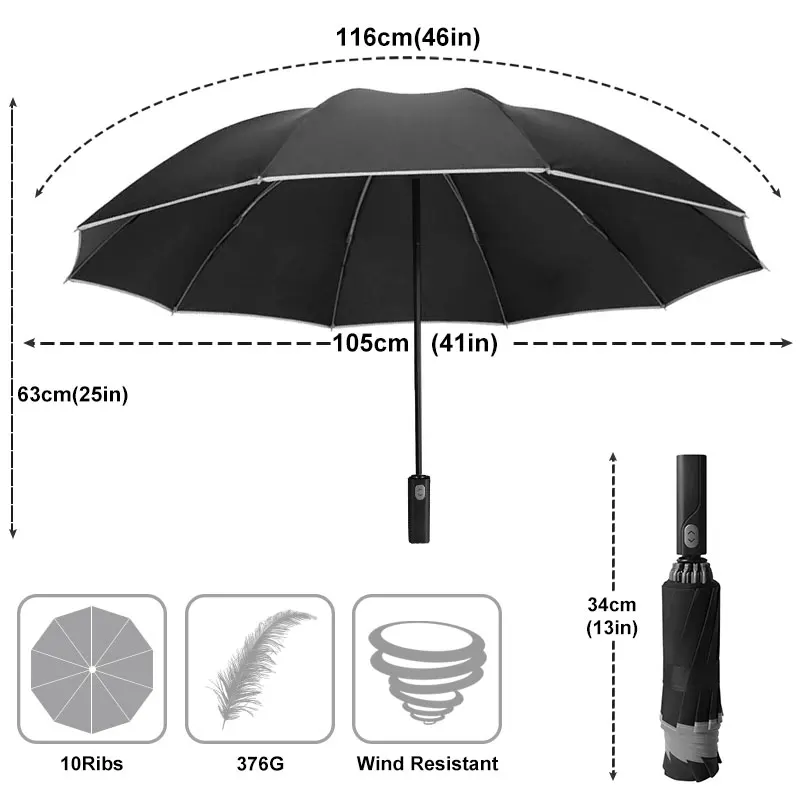 Automatic Umbrella Folding Umbrella Windproof Reverse Automatic Umbrella Rain Women Men Car Large Business 3Folding Umbrellas 10 Ribs Reflective Stripe Paraguas