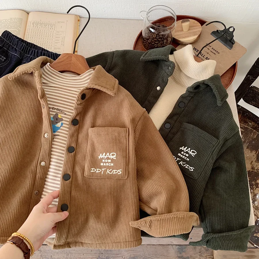 Fleece Lined Corduroy Shirt for Boys Baby Fashionable Autumn Winter Clothes Korean Style Children's Clothing Baby Shirt