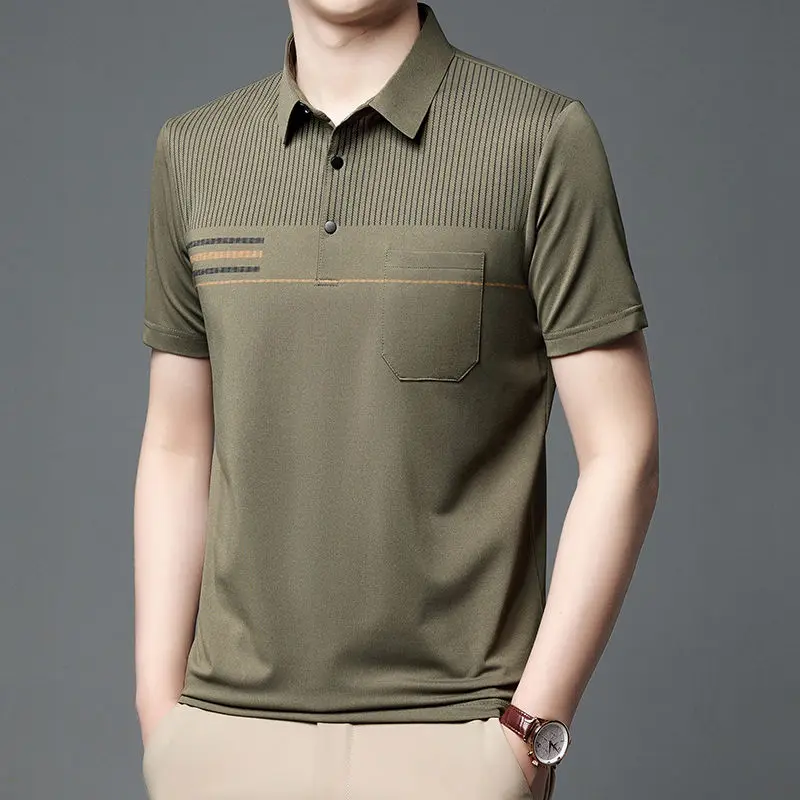 

Summer Clothes for Men Short Sleeve T Shirt Casual Lapel Polo Stripe Button Pocket Breathable Fashion Oversized Vintage Tops