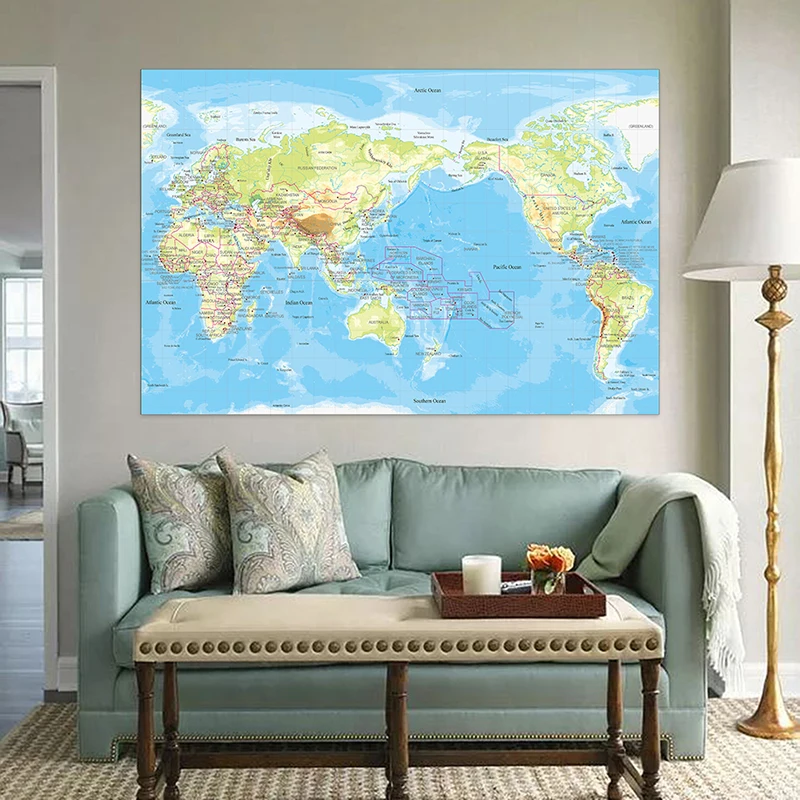 Large World Map 5x7ft English Language Detailed Poster Wall Chart Topography Map Non-woven Wallpapers Office Supplies