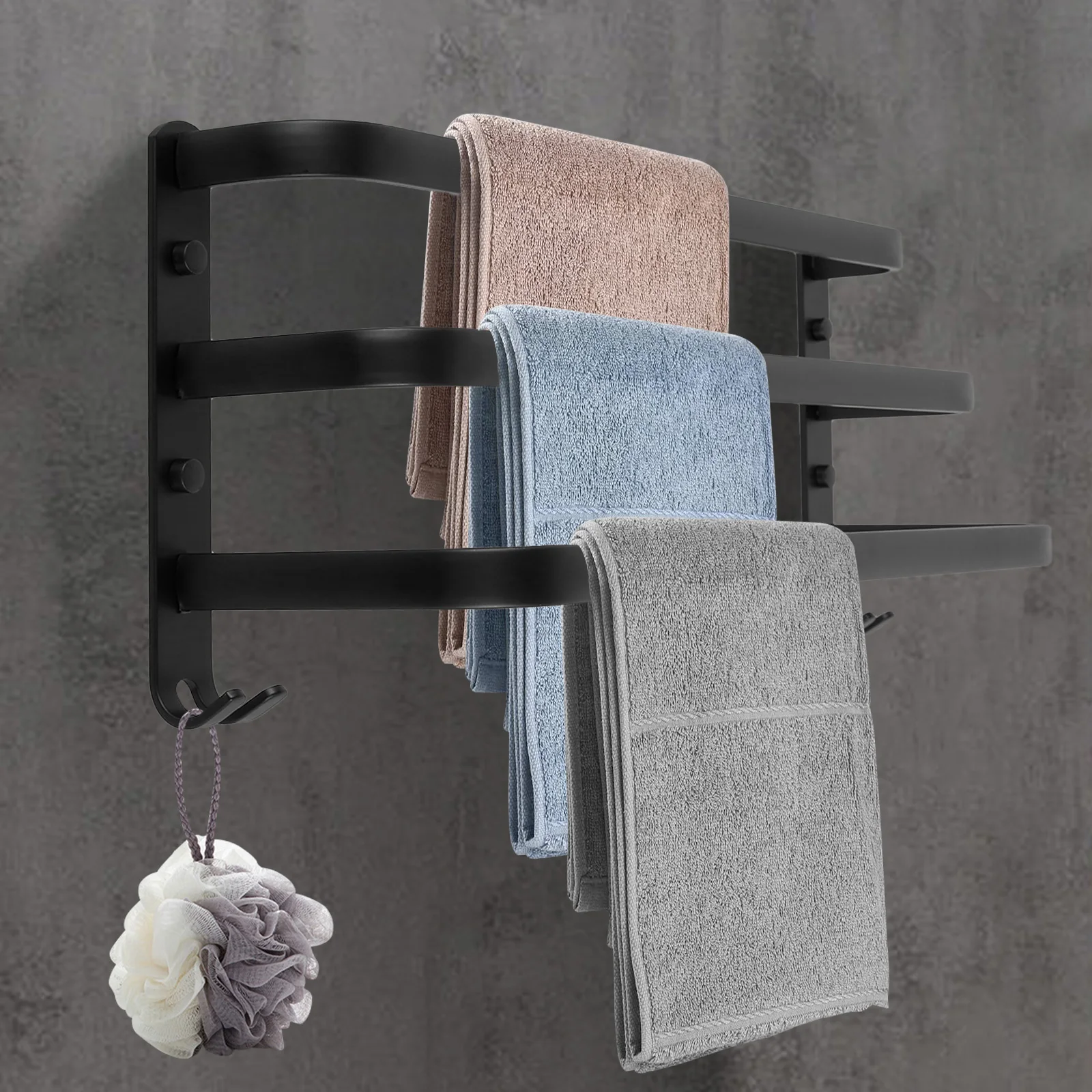 

3 Layer Towel Rack Wall Mounted Towel Rail with 2 Hooks Durable Space Aluminum Towel Rack Self Adhesive Towel Rack Black