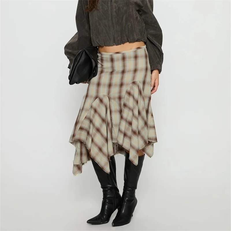 Women Plaid Skirt Y2K Vintage Irregular Loose Summer Midi Skirt for Casual Daily High Street Retro Aesthetic Streetwear 4