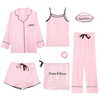 Spring Autumn 7 Pieces Set Silk Elegant Women Pajamas Print Shorts Long Sleeve Top Elastic Waist Pants Lounge Sleepwear 1
