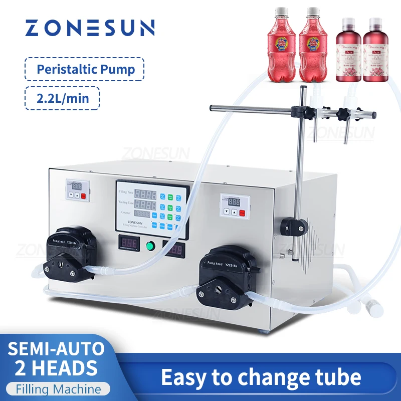 

ZONESUN ZS-YTPP2 Peristaltic Pump Liquid Filling Machine Double Heads Bottle Water Juice Beverage Essential Oil liquid Filler