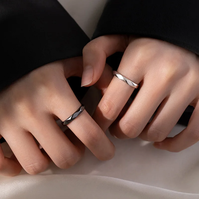 Sleek Geometric Black and White Adjustable Couple Rings