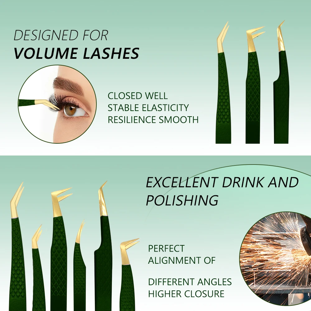 1PC Grün Edelstahl Wimpern Pinzette Anti-statische Nicht-magnetische Professionelle Pincet 3D Wimpern Verlängerung Pinzette Make-Up-Tools – Detail 7