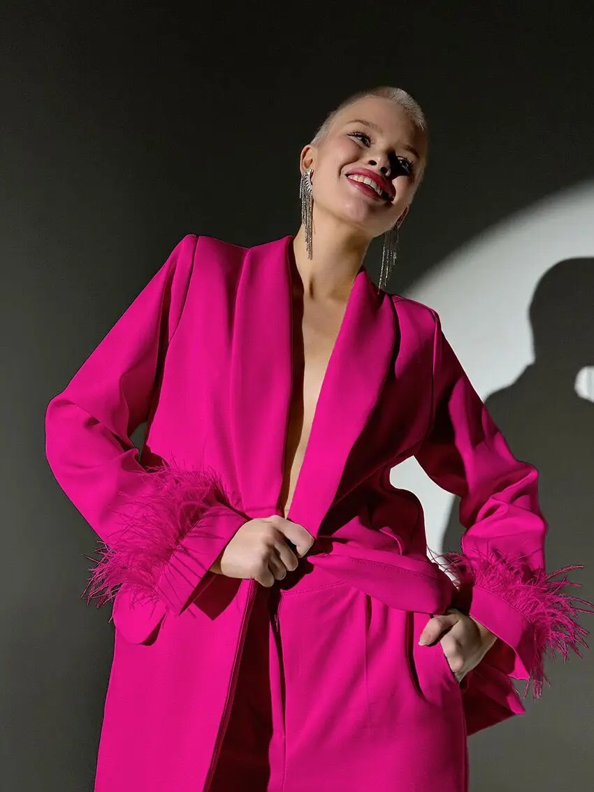 Spring Summer 2023New Fashion Party Set Women's High Quality Feather Splice Lapel Blazer+Straight Pants 2Pieces Loose And Casual