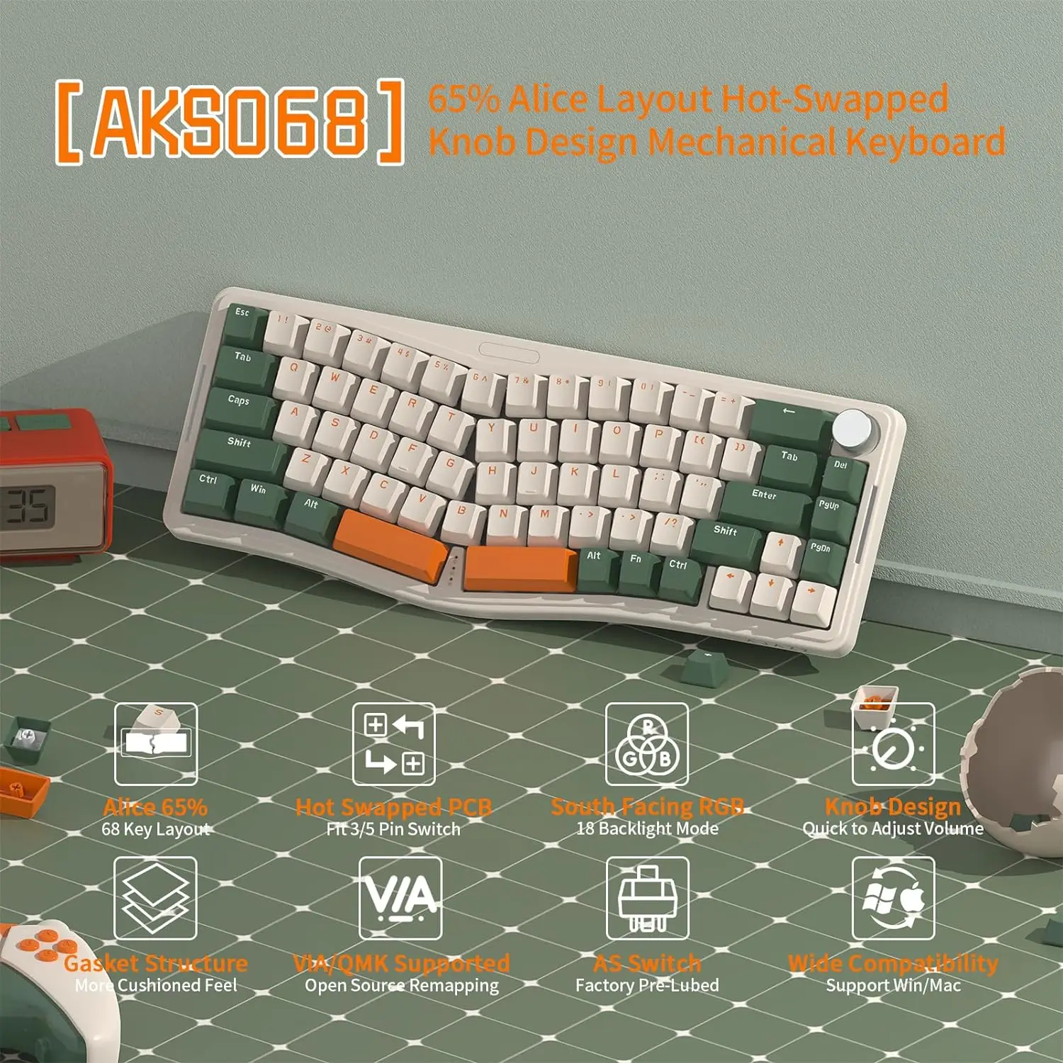 ATTACK SHARK AKS068 Alice Layout 68 Keys Wired Mechanical Keyboard