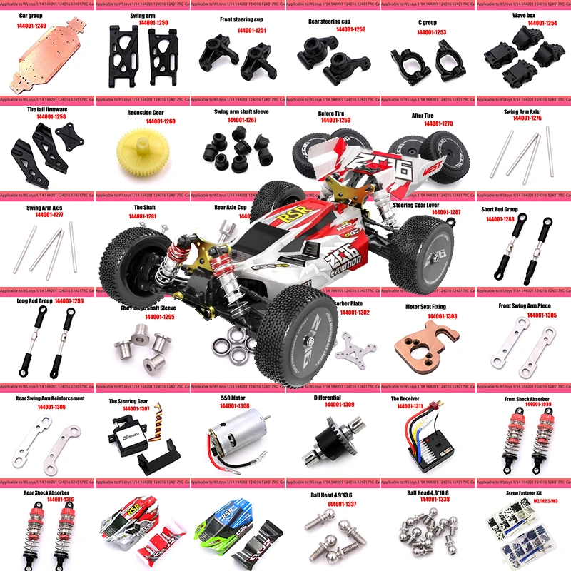 

WLtoys 1/14 144001 RC Original Car Shell Shock Absorber Front Rear Tire Assembly C Seat Arm Receiver Motor Spare Parts Set