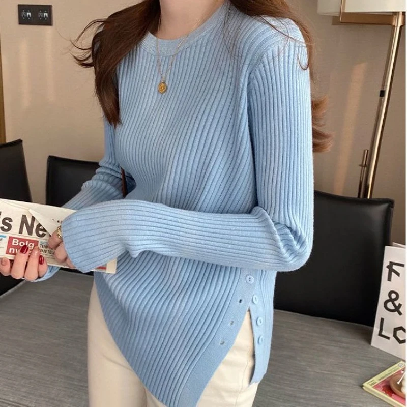 

Office-lady Long Sleeve Slim Fit Pullover Autumn New Fashion Split O-neck Sweater for Women Button Knitted Tops Jumper 29245