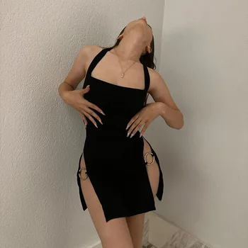 Nuovo mini abito con fionda in tinta unita con fibbia in metallo HollowHip Deep Split Cerchio in metallo Decorazione Hottie Girls Spicy Clubwear Street 1