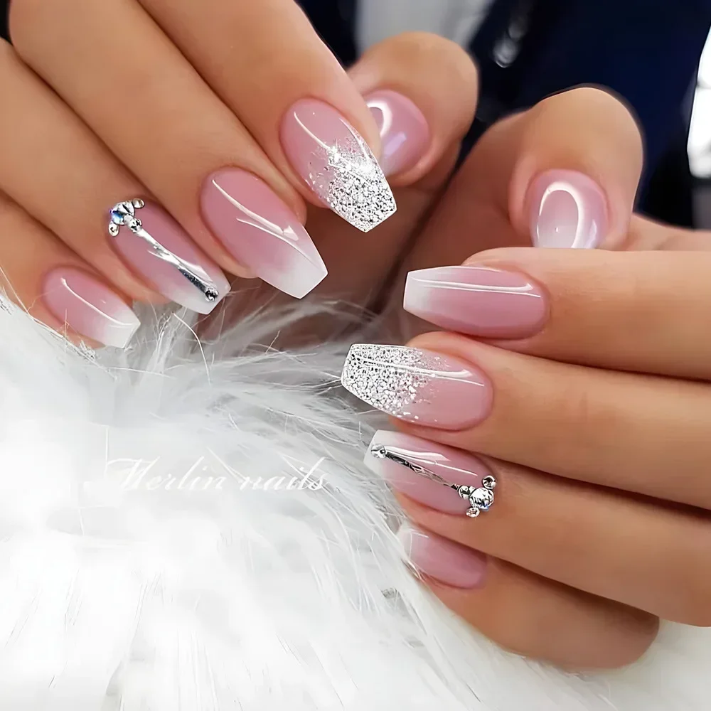 Fake Nails 24Pcs Gradient Short Square Ballet Simple Press on Wearable Nude Nails Art Full Cover Manicure Tips