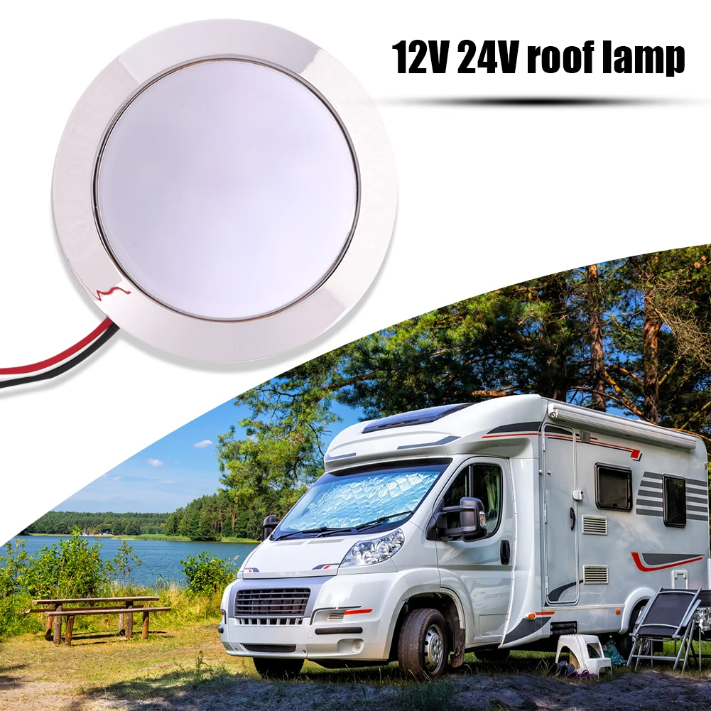 12V Car Interior Roof Ceiling Lights Round Shape 24 SMT LED Panel RV Ceiling Lamp 200LM IP65 Waterproof for Boat Camping Trailer