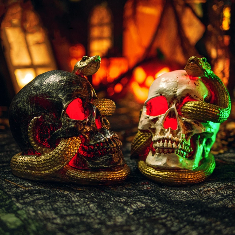 

Halloween Decorative Props Resin Skull Head and Snake Craft Decoration Horror Skull Statue Resin Skull Statue Horror Decorations