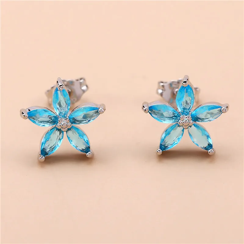 Cute Female Blue Zircon Stars Stud Earrings Multicolor Birthstone Crystal Silver Color Wedding Jewelry For Women