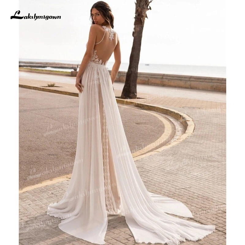 Boho Beach Halter Backless Appliques Lace A-Line Wedding Dresses 2022 Chiffon Bridal Gown Sweep Floor-Length Sashes robes tea length wedding dress