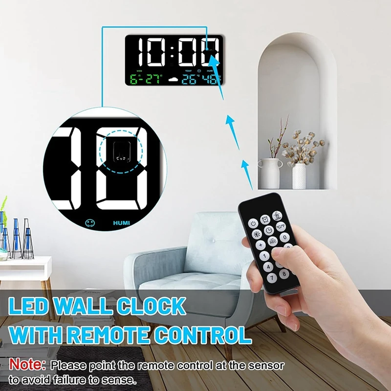 LED Digital Wall Clock with Large Display Alarm Clocks for Bedrooms with Weather Station USB 11.5"