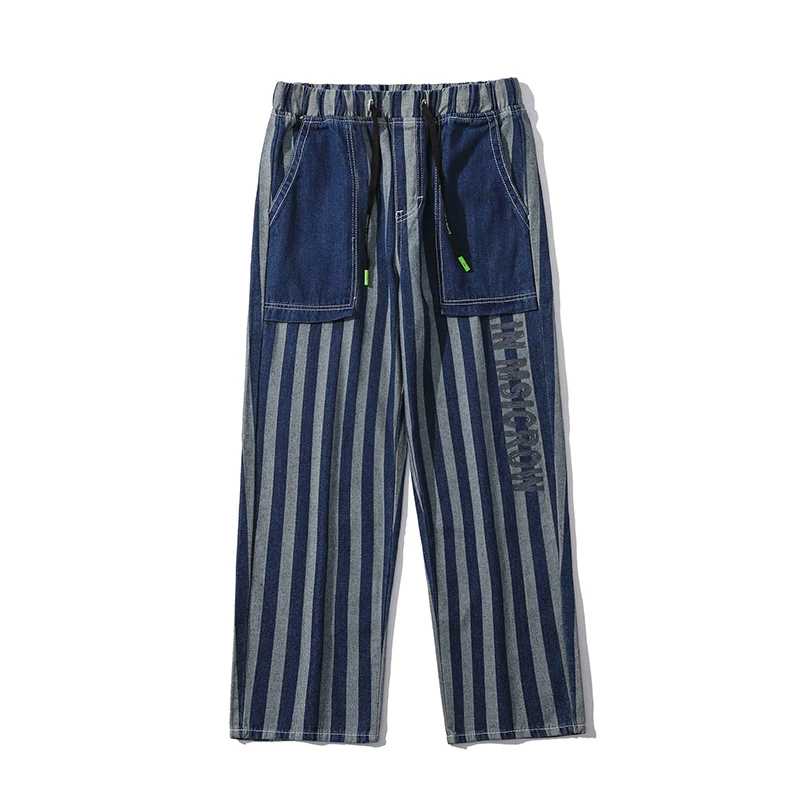 Men's Blue Striped Baggy Jeans 2022 Spring New Korean Fashion Y2k Style Denim Straight Wide Leg Pants Male Branded Trousers
