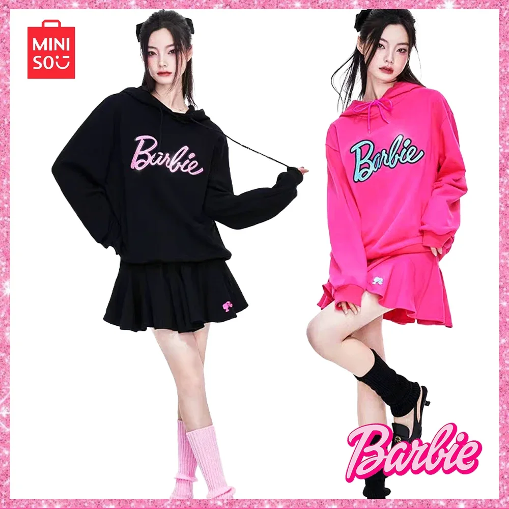 New Miniso Barbie 2023 Pink Sweet Cool Girl Hot Diamonds Felpa Allentata Abito Con Cappuccio Mezza Gonna A Pieghe Abbigliamento Natalizio