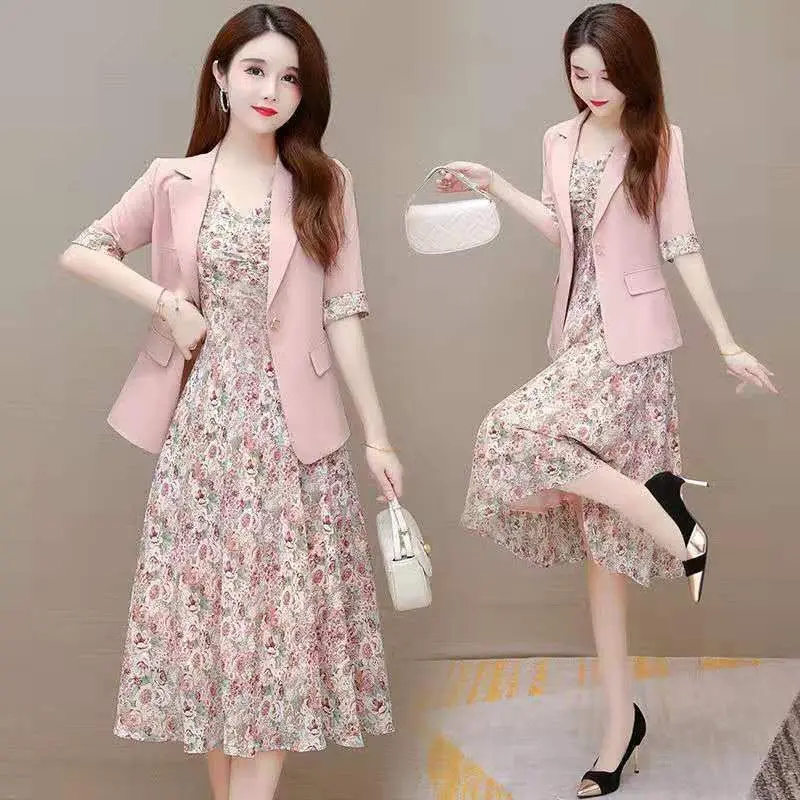 

Women's Thin Blazers Floral Dress Set 2022 Summer New Casual Suit Jacket Mid Skirt Two-piece France Vintage Professional Wear