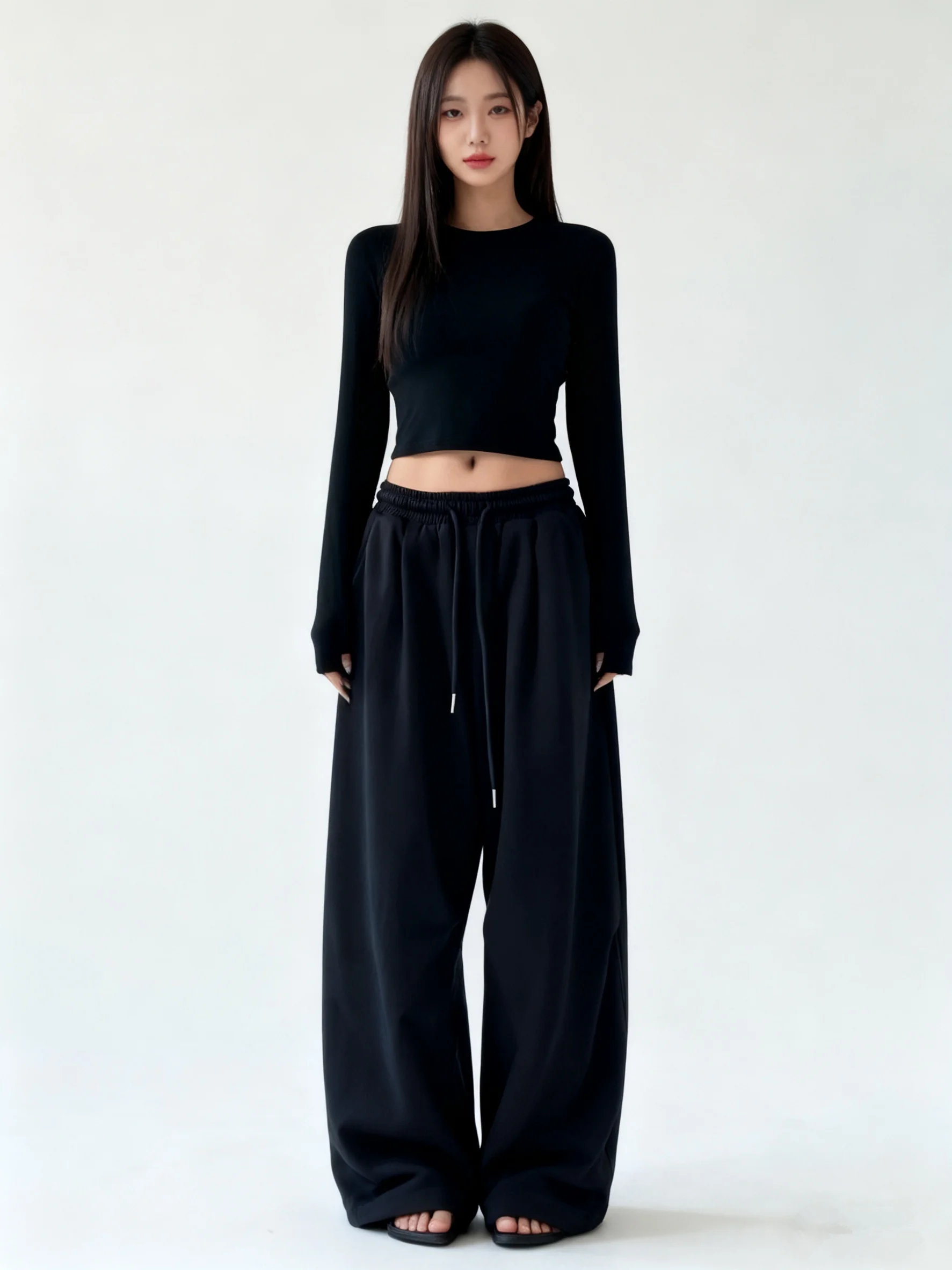 Oversized S-broek met wijde pijpen voor dames Effen zwarte lange broek met zakken Losvallend casual