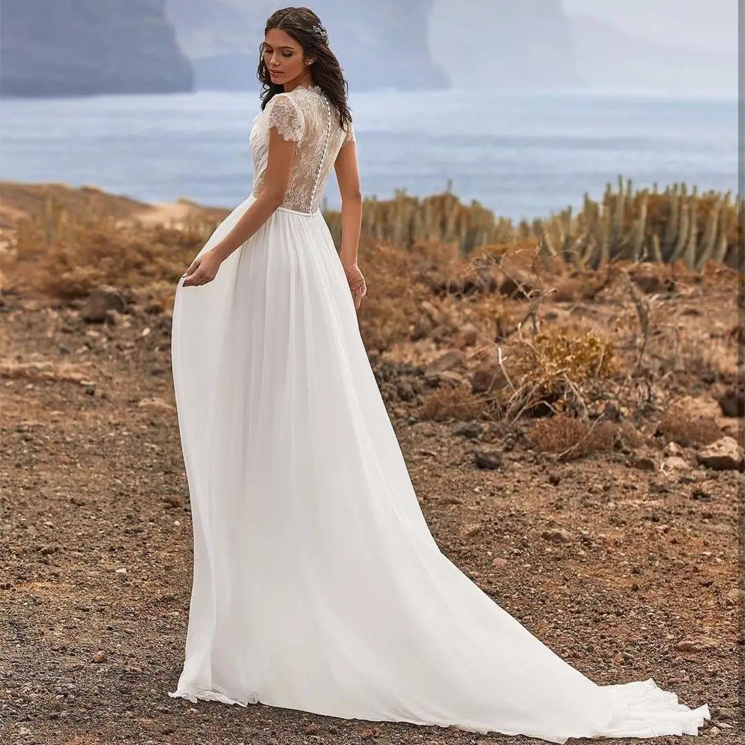 

Chiffon Trailing Wedding Dress Customized White V-Neck Bridal Gowns For Banquet Party Marriage