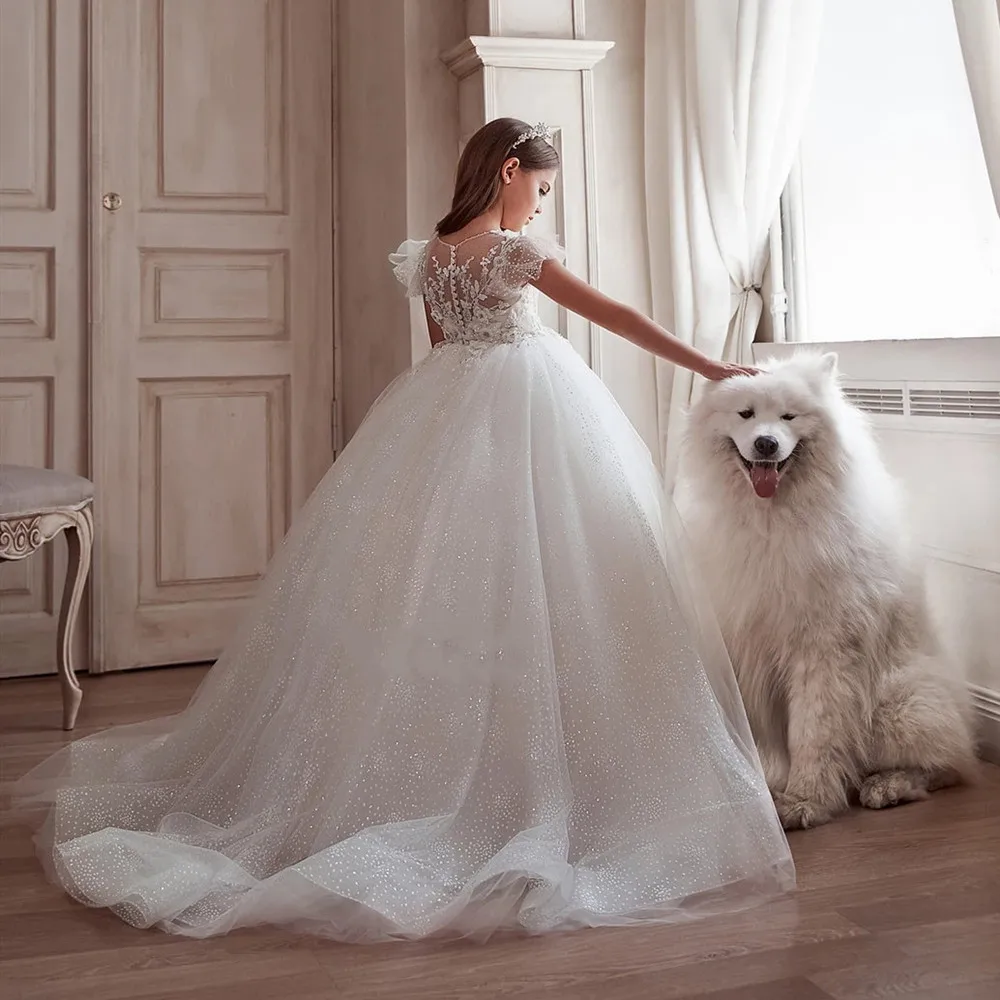 

New Flower Girl Dress Glitter Tulle Appliques Children Wedding Party Gown First Communion Dress