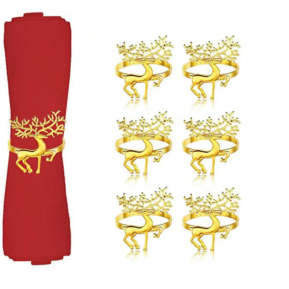 6Pcs Christmas Napkin Rings Deer Design Napkin Holder Home Table Decor Christmas Party Gold Alloy Buckle Xmas Ornament