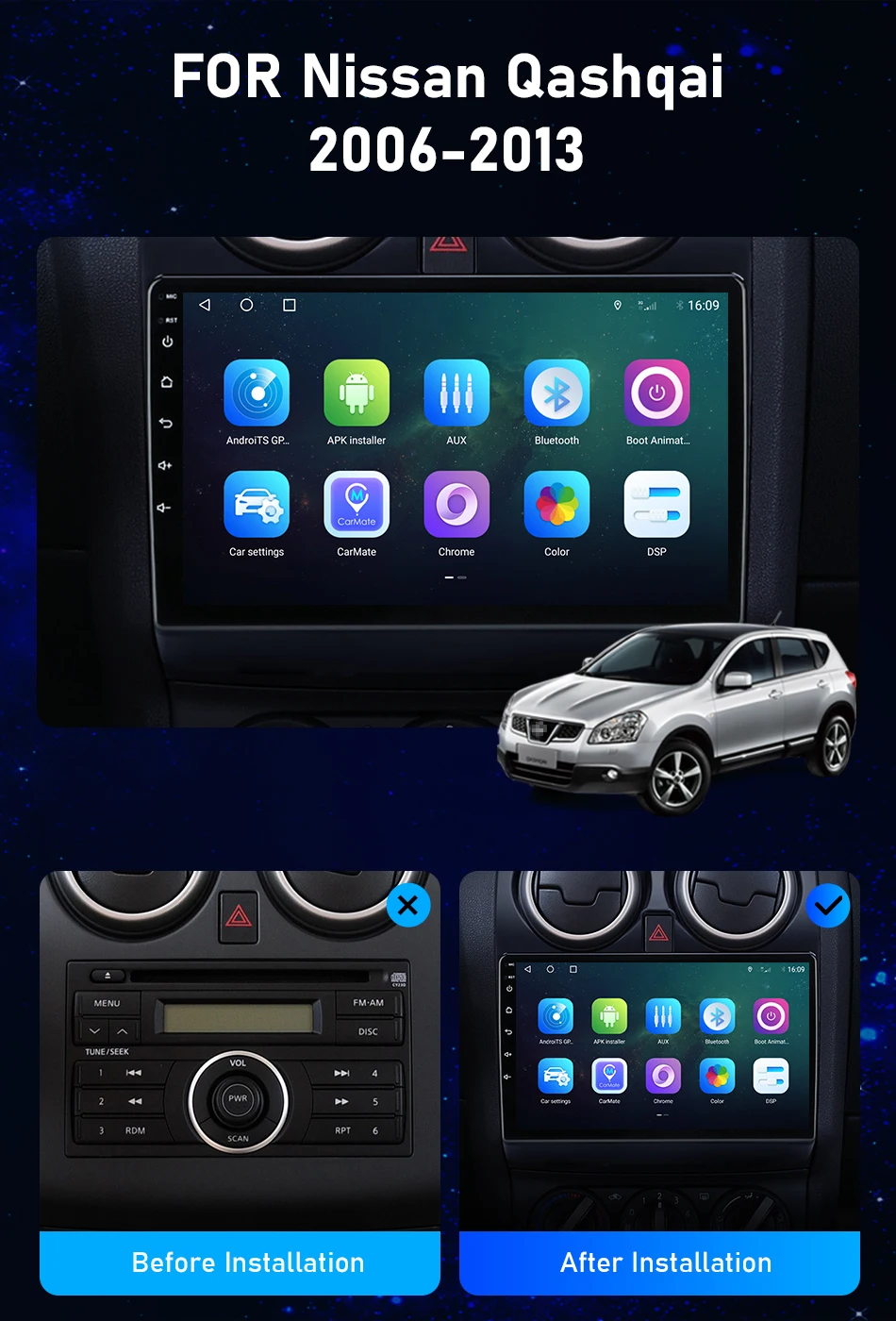 Srnubi 2 Din Auto-Multimedia-Player für Nissan Qashqai J10 2006-2013 8-Kern Carplay 4G GPS Android 14 Wireless Carplay Auto-Stereoanlage – Detail 2