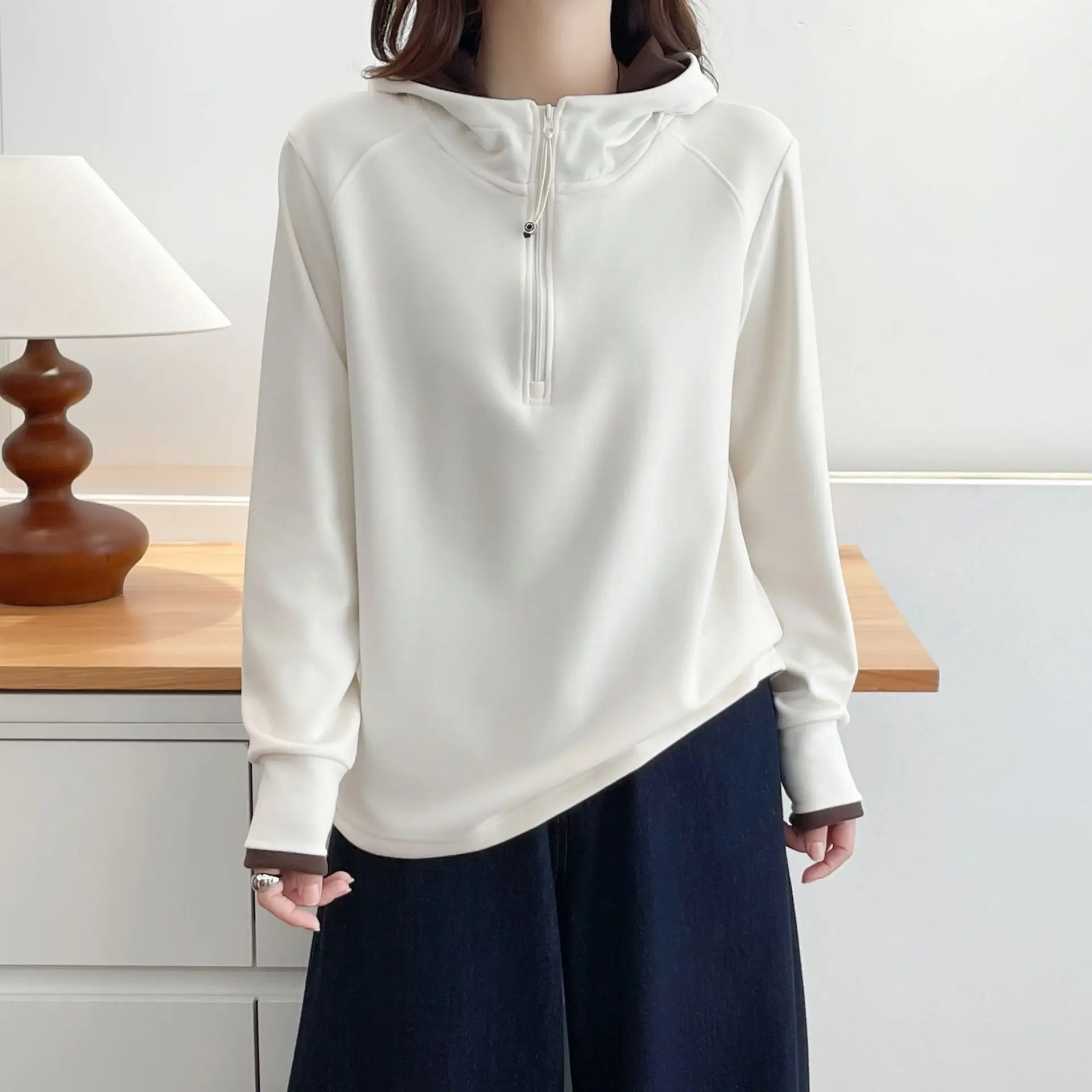 XXXXL Fashion Plus Size Women's Sweatshirt Hooded double-sided Fleece Base Tops 2025 autumn/winter Contrasting Color Hoodie 7055