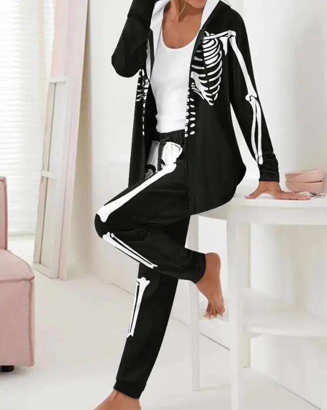 Two Piece Set Women Outfit 2023 Autumn Fashion Halloween Skeleton Print Hooded Long Sleeve Top & Casual Drawstring Pants Set