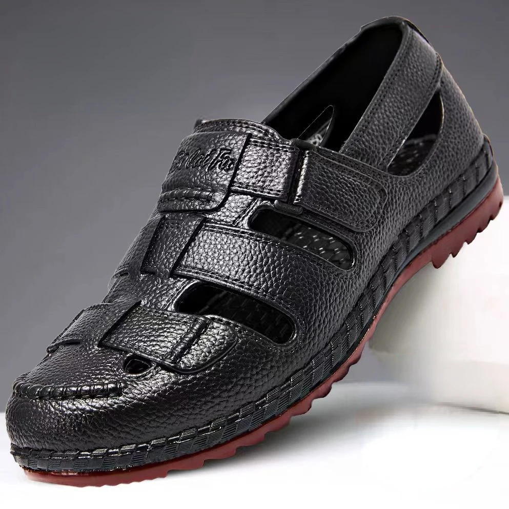 

Mens Leather Casual Sandals New Summer Trend Breathable Men Sandals Baotou Non-slip Chef Construction Site Beach Slides Men