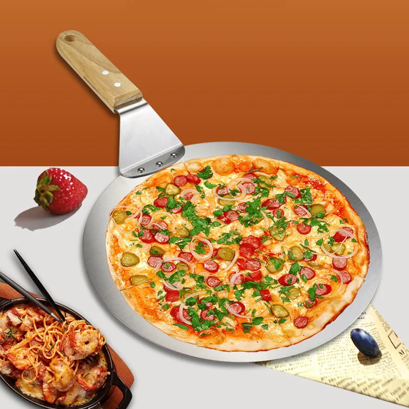 Pizza Shovel Pastry Tools Accessories Pizza Peel Round Stainless Steel Non-stick Paddle Spatula With Oak Wooden Handle