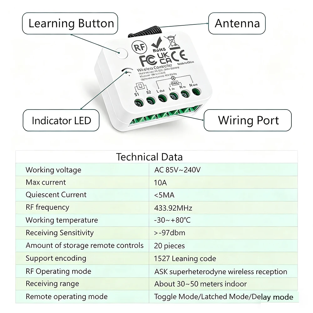 433Mhz 무선 스마트 라이트 스위치 리모컨 AC 110V 220V 230V 240V 10A 3000W 미니 릴레이 리시버 2방향 램프 조명 LED용