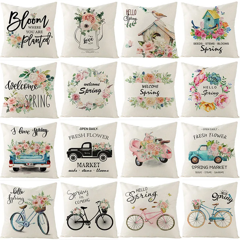 

Black Letters Cushion Cover 45X45 Fresh Flowers Decorative Spring Pillowcase Sofa Cushions Cotton Linen Pillow Covers Home Decor