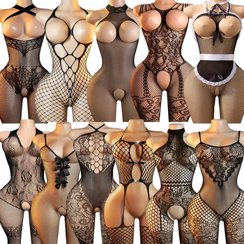 Women Babydoll Dress Sexy Body Lingerie Mesh Bodysuit Transparent Crotchless Exotic Apparel Erotic Costume Open Crotch Underwear