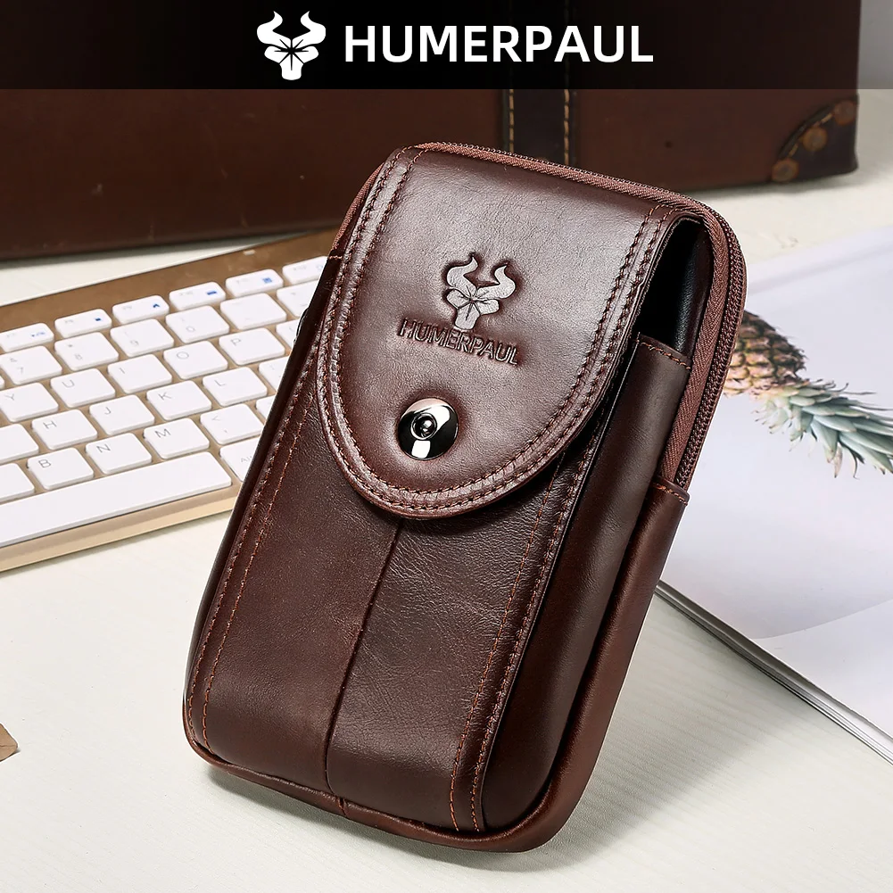 HUMERPAUL Men's Genuine Leather Waist Bag Small Messenger Shoulder Satchel Phone Pouch Casual Outdoor Belt Fanny Pack Potable