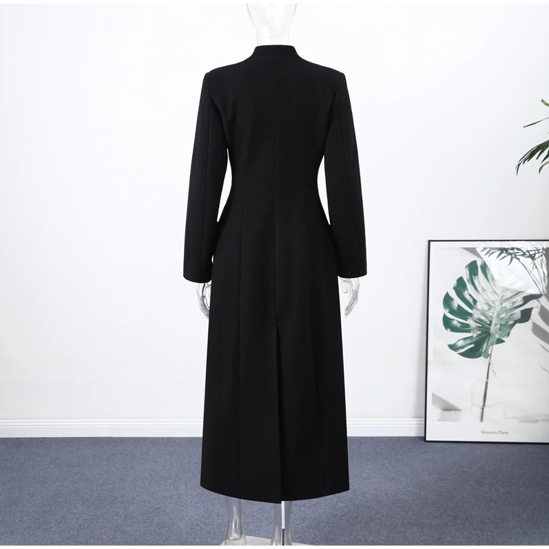 Elegant Hidden Button V-neck Long Coat Women Vintage Classic Waist-cinching Black Tweed Coats Lady Winter Chic Street Overcoats