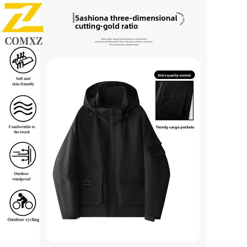 Men's Spring Autumn Workwear Jacket Windproof Waterproof Hooded Parka with Multi-Pockets Breathable Membrane for Outdoor Travel