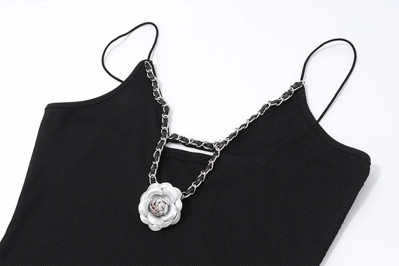 Deep V Neck Flower Sexy Mini Dress For Women Black New Spaghetti Strap Slim Fit Sleeveless Club Party Elegant Dress